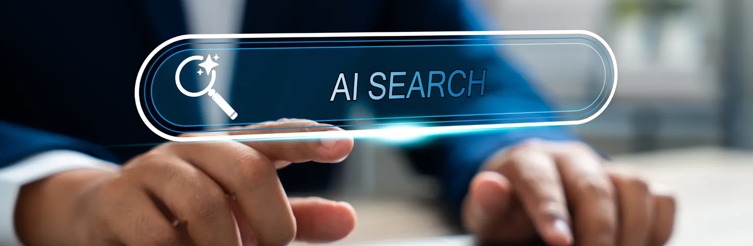 An AI Search graphic overlay above a keyboard
