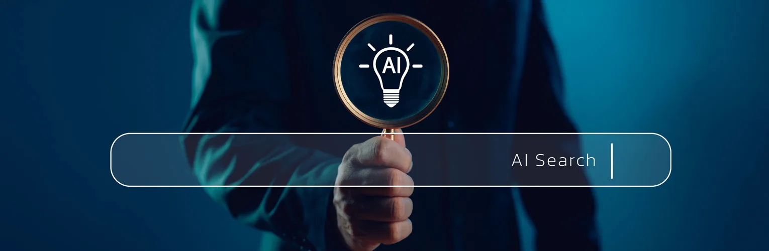 Man holding a magnifying glass up to an AI search interface