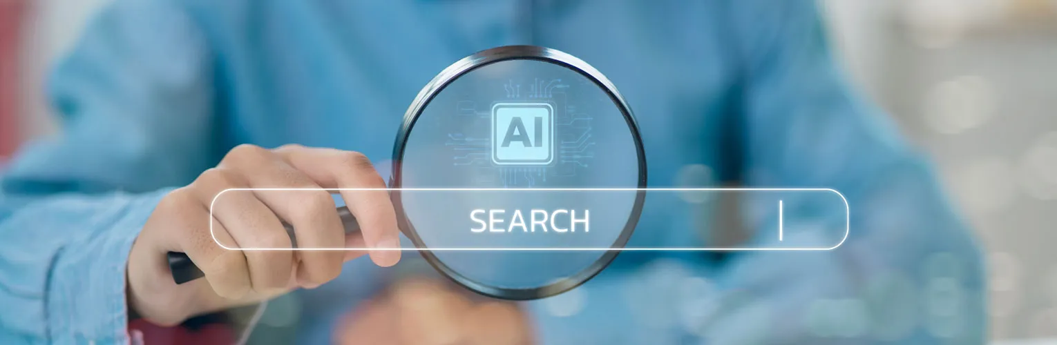 Man holding magnifying glasses to an AI search bar