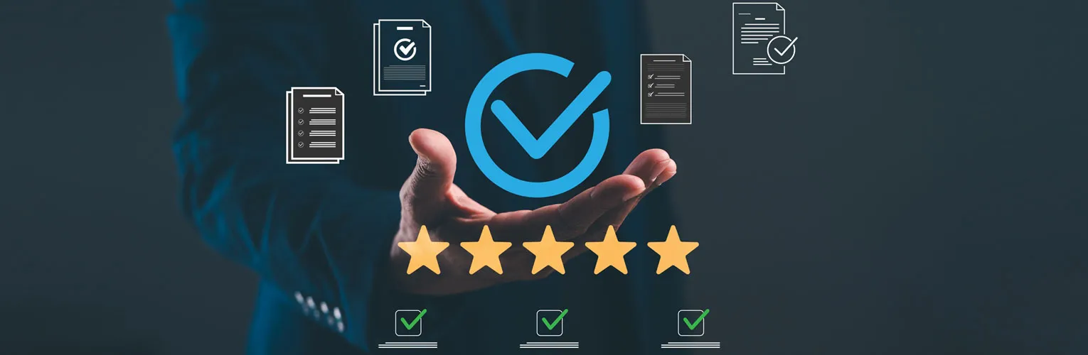 A professional hand displays a checkmark symbol, surrounded by documents and stars.